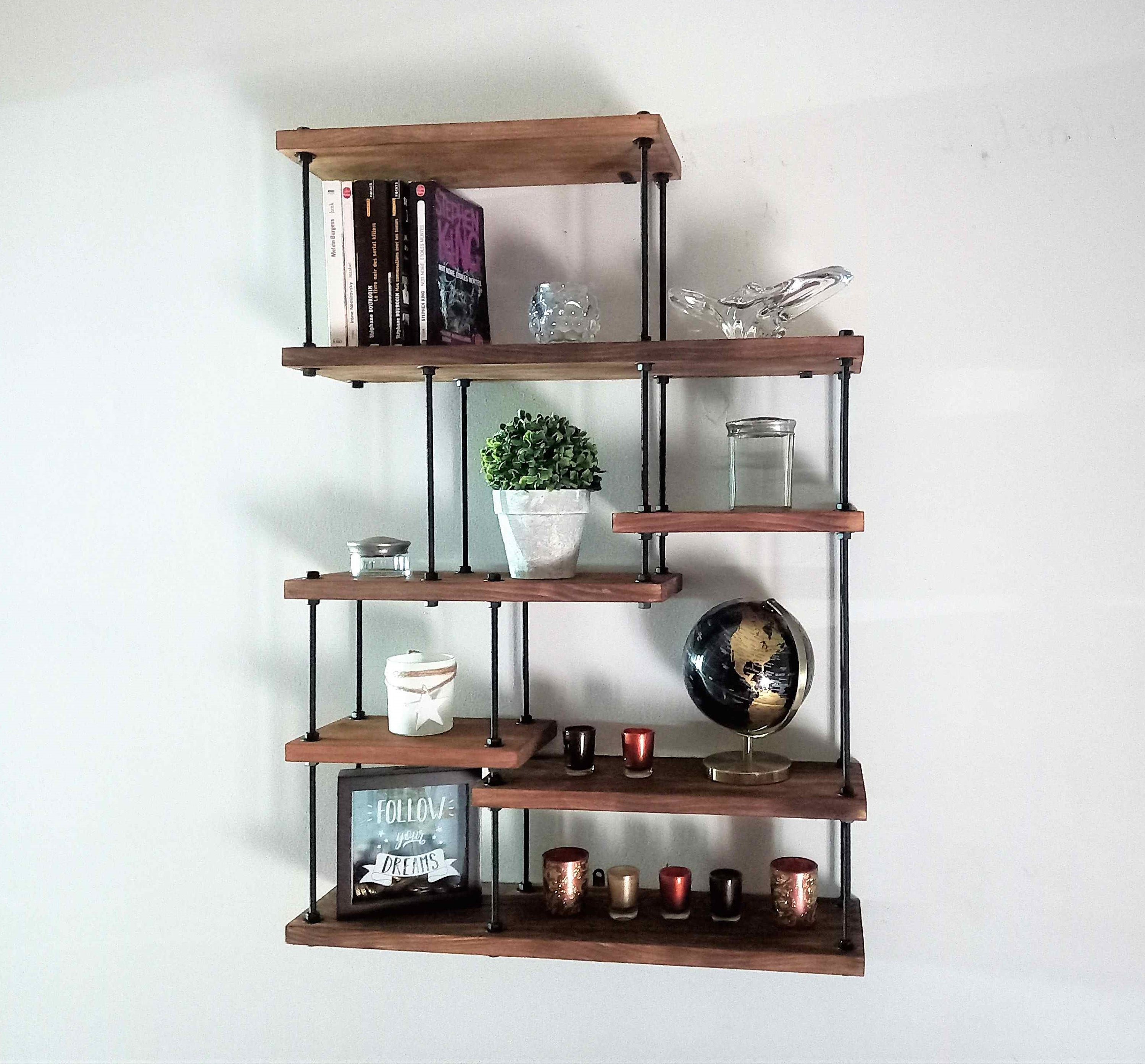 Etagère en Bois de Style Industriel, Bibliothèque, Étagère Murale Pour Décoration, Pots, Bocaux, Épi