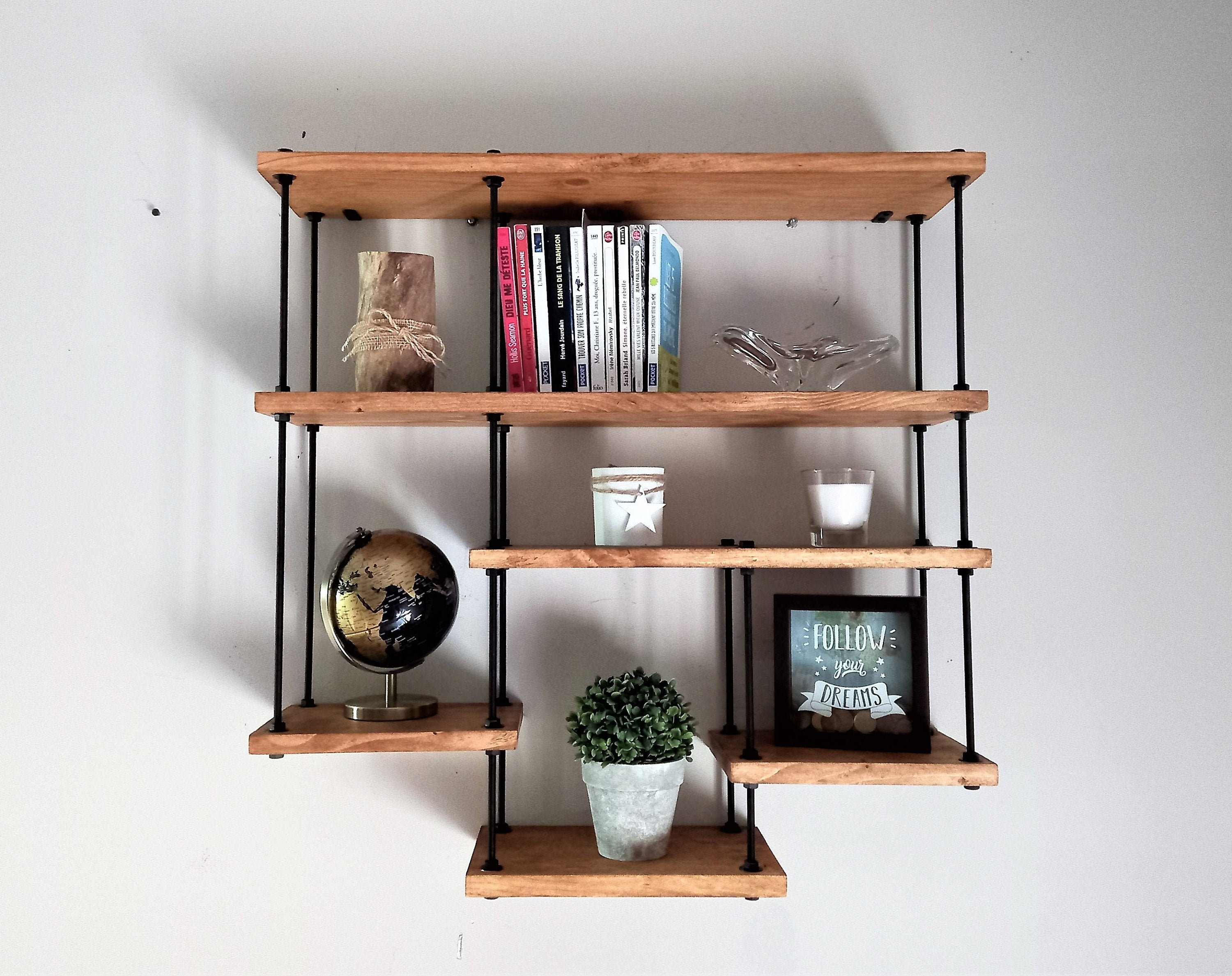 Etagère en Bois de Style Industriel, Bibliothèque, Étagère Murale Pour Décoration, Pots, Épices, Bou