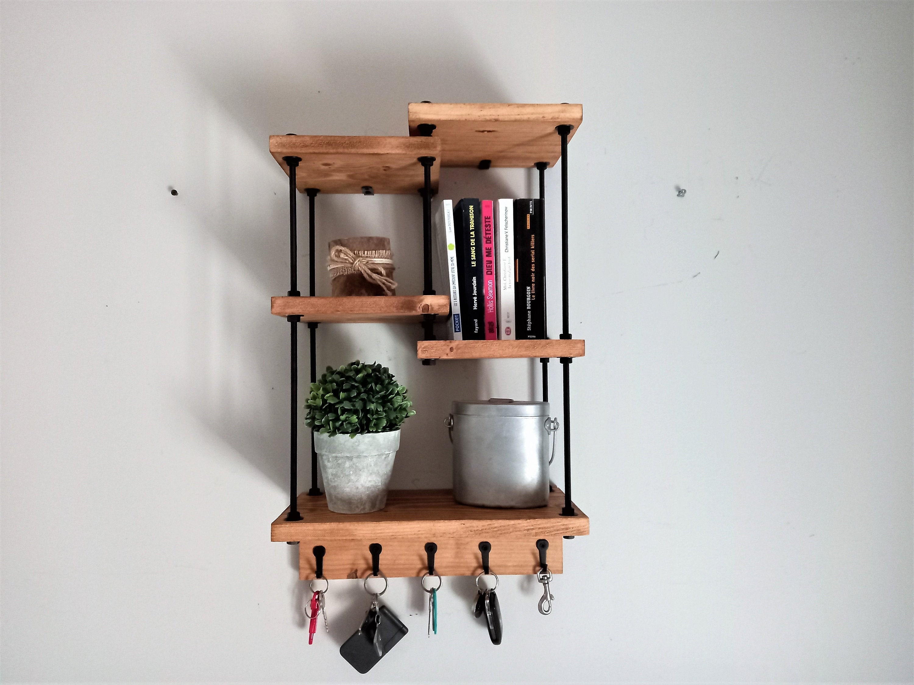 Etagère en Bois de Style Industriel, Bibliothèque, Étagère Murale Pour Décoration, Pots, Épices, Bou