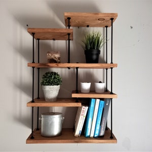 Industrial style solid wood and metal wall shelf, assembled, ready to install and customizable