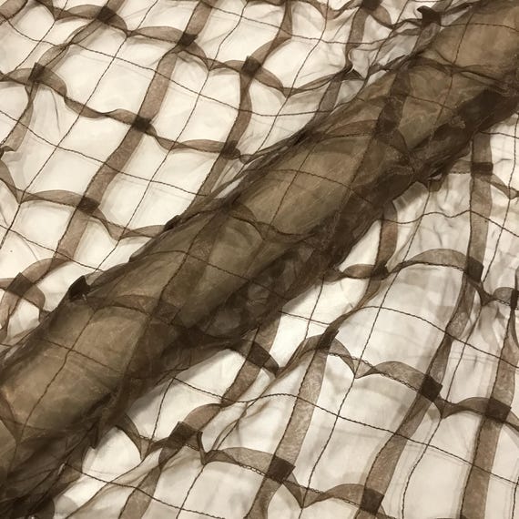 Sheer brown pleated check lace fabric for curtains table decor crafts sold by the yard 54 inches wide elegant lightweight stylish versatile