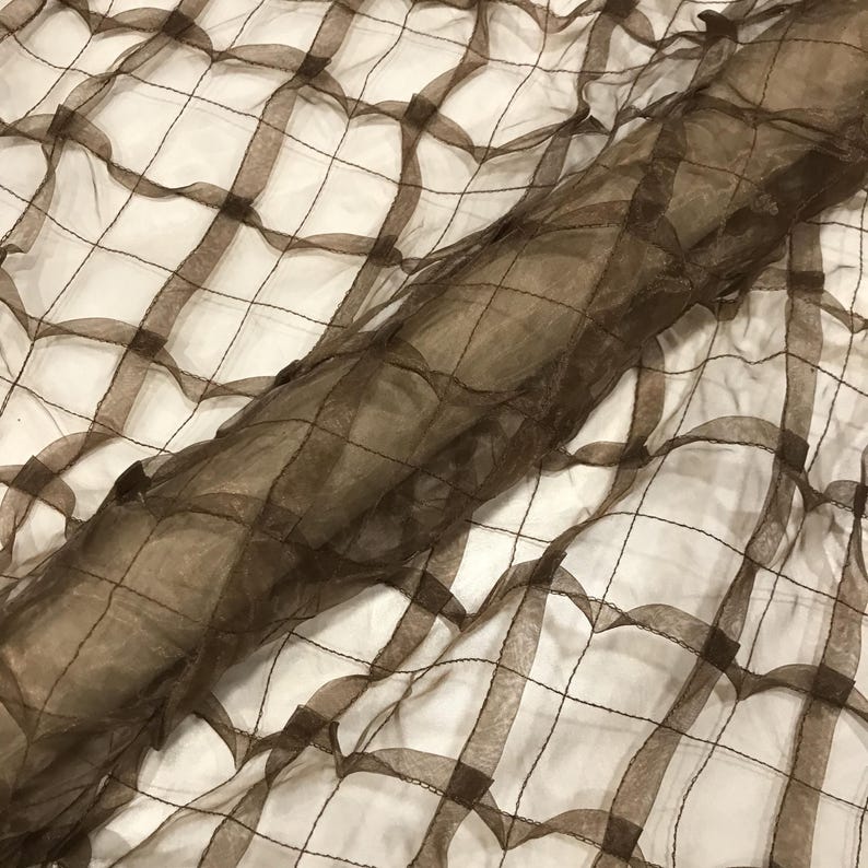 Sheer brown pleated check lace fabric for curtains table decor crafts sold by the yard 54 inches wide elegant lightweight stylish versatile image 1