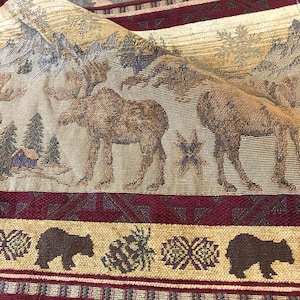 Upholstery fabric maroon log cabin animal jacquard for sofas chairs cushions drapery and home decor projects 54 inches wide rustic durable