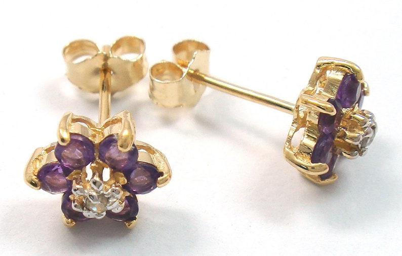 E819 Gorgeous earrings Fine 9CT Gold Amethyst and Diamonds Plum Blossom Stud Earrings