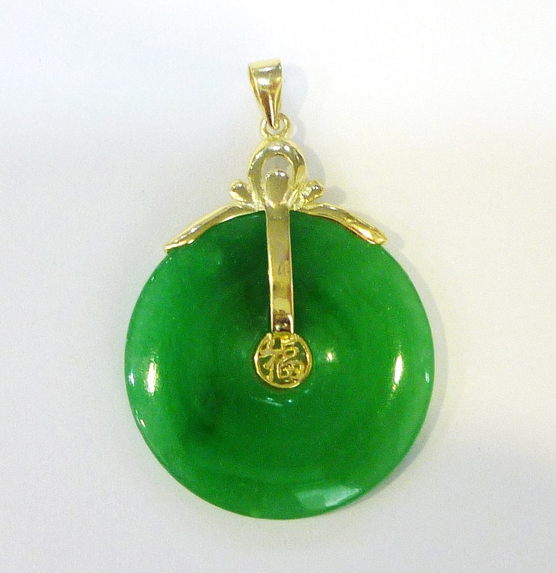 JP022 Chinese Traditional Type Pendant 14k Gold Over 925 Sterling Silver Green Jade With Chinese Word FORTUNE Pendant