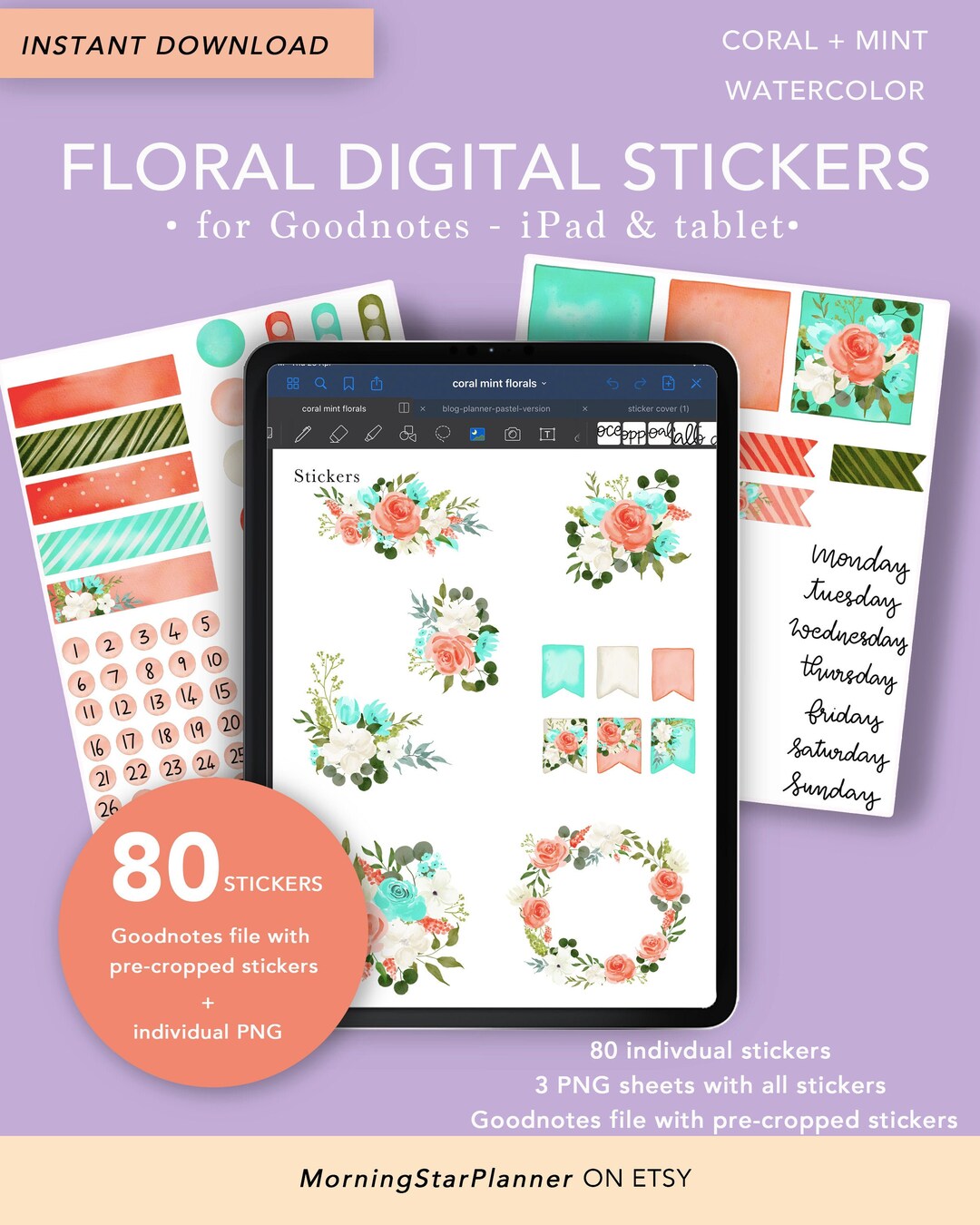 Coral Mint Digital Stickers for Goodnotes Planner - Etsy
