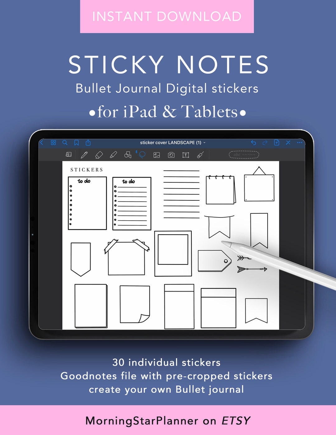 Sticky Notes Bullet Journal Digital Stickers for iPad & Etsy