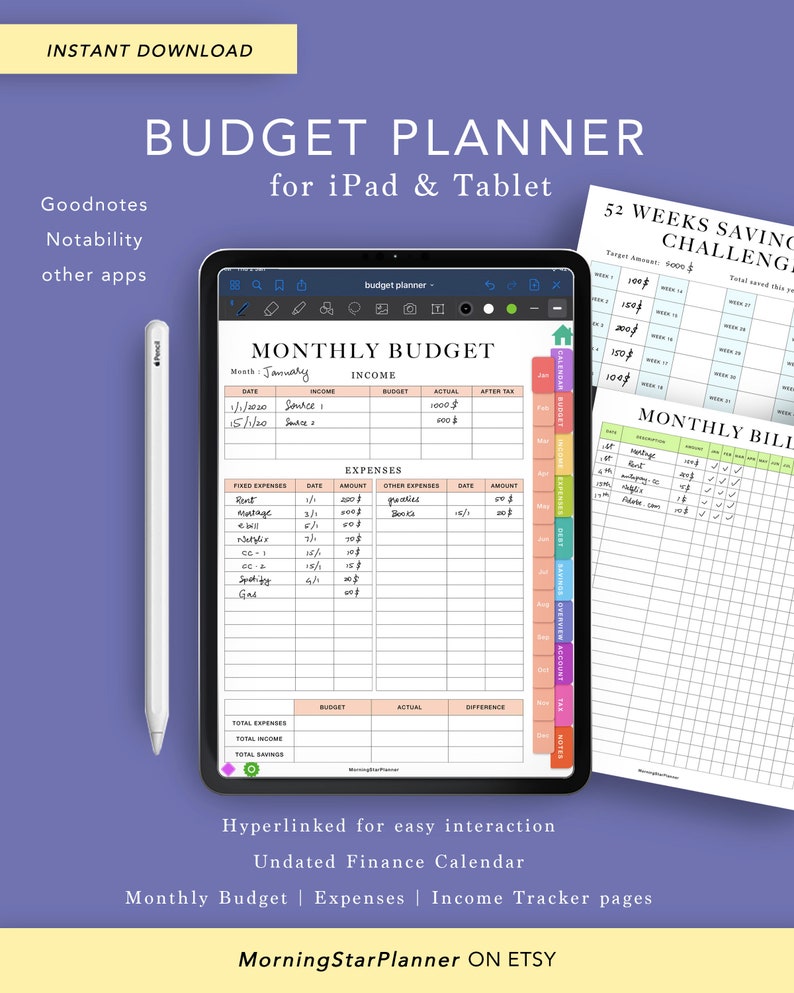 Digital Budget Planner, Digital Finance Planner, iPad Planner, Hyperlinked Tabs, Digibujo, Bill Planner, Money Planner, Goodnotes Planner 