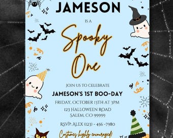 May include: A light blue Halloween-themed invitation with the text "Jameson is a Spooky One." The design includes bats, ghosts, a black cat, and a jack-o'-lantern. The invitation template is for a first birthday celebration.