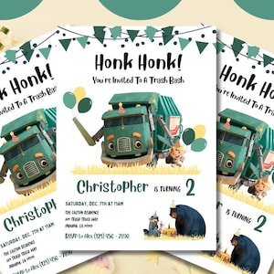 May include: A printable invitation for a birthday party with a green garbage truck and a bear. The invitation says "Honk Honk! You're invited to a Trash Bash" and "Christopher is turning 2".