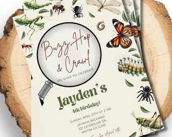 Invitación editable para fiesta de cumpleaños con temática de insectos y bichos para niños de 2 años, DIGITAL e IMPRESA, invitación para fiesta de cumpleaños con zumbido, saltos y gateos, bichos espeluznantes