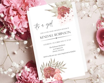 DIGITAL Girl Pink Florals Baby Shower Invitation, It’s a Girl Baby Shower Invite, Elegant Chic EDITABLE TEMPLATE for Mobile Instant Download