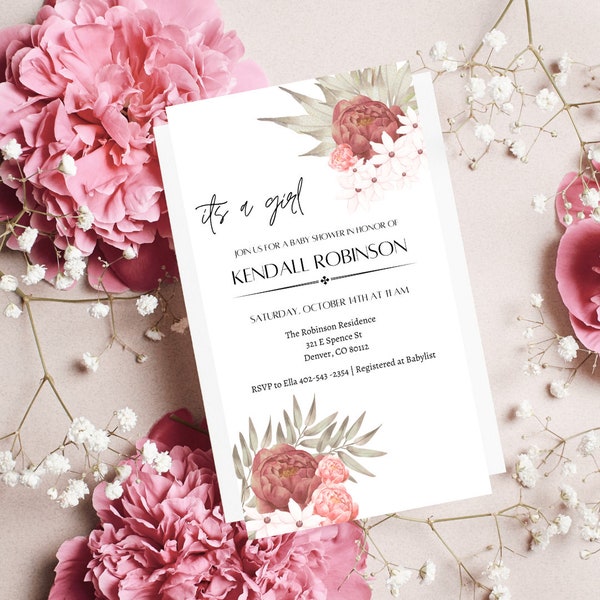 DIGITAL Girl Pink Florals Baby Shower Invitation, It’s a Girl Baby Shower Invite, Elegant Chic EDITABLE TEMPLATE for Mobile Instant Download