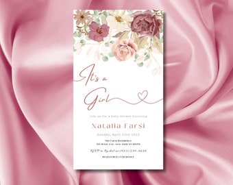 DIGITAL Girl Boho Pink Flowers Baby Shower Invitation, It’s a Girl Baby Shower Invite, EDITABLE TEMPLATE for Mobile Instant Download