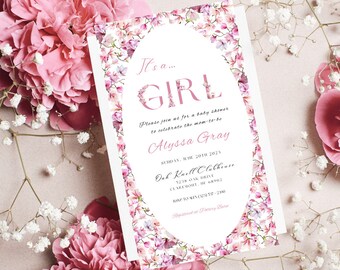 DIGITAL Girl Pink Flower Wall Baby Shower Invitation, It’s a Girl Baby Shower Invitation EDITABLE TEMPLATE for Mobile Instant Download