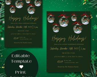 Peut inclure: Une invitation de fête de Noël verte et dorée sur le thème d'un pays des merveilles hivernal. L'invitation présente une scène enneigée à l'intérieur d'une boule de verre. Le texte indique "Joyeuses Fêtes !" et comprend la date, l'heure et le lieu de la fête. L'invitation est modifiable et peut être imprimée n'importe où.