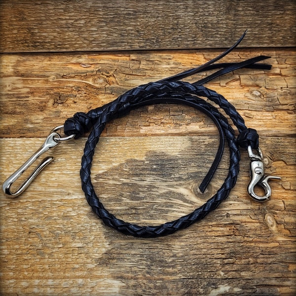 Leather Wallet Chain / Lederband für Geldbörsen / Lederkette / Rundgeflochtenes Echtlederband mit massiven Messingbeschlägen