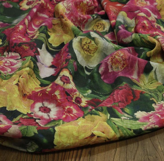 Print floral linen fabric by the yard