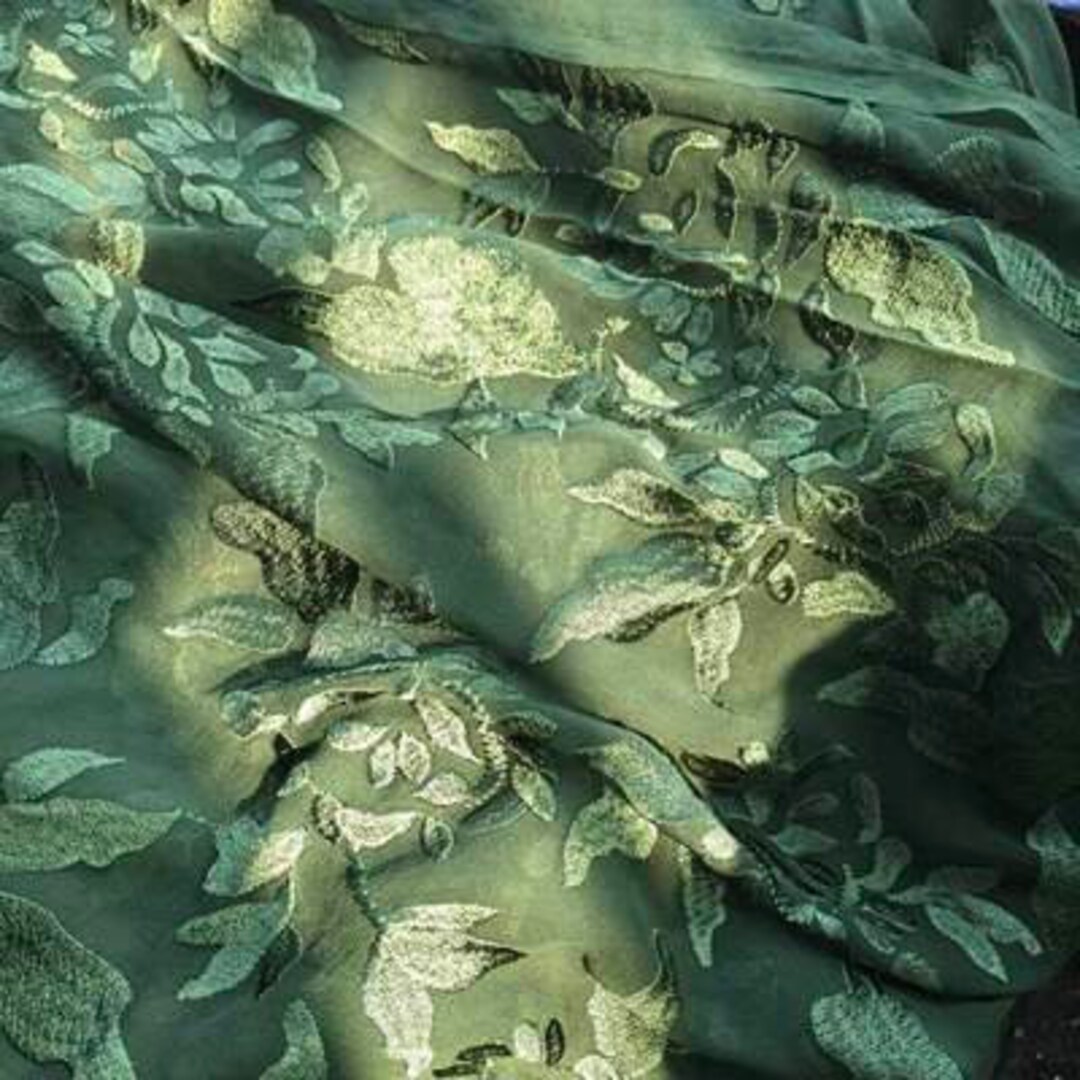 Green Embroidery Silk Fabric, Embroidered Silk Fabric by the Yard Etsy