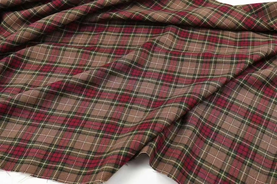 Plaid worsted wool fabric, grid gingham checkered wool fabric by the yard