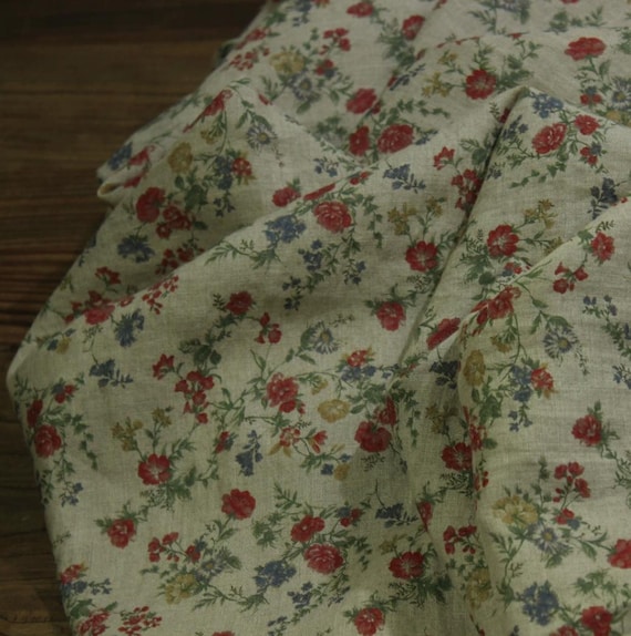 Print floral linen fabric by the yard