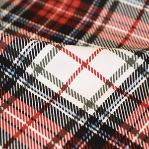 K&ouml;nnte beinhalten: Nahaufnahme eines Stoffes mit klassischem Karomuster. Das Design zeigt einen wei&szlig;en Hintergrund mit sich kreuzenden Linien in Rot, Schwarz und Blau, wodurch ein texturierter Effekt entsteht. Der Stoff wird wahrscheinlich f&uuml;r Kleidung oder Heimdekoration verwendet.