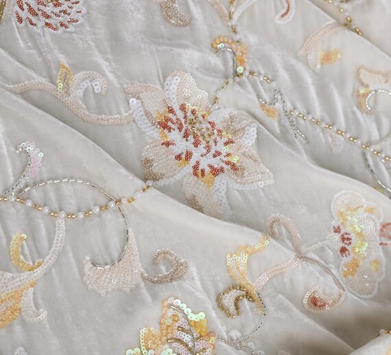 Beaded Embroidery Silk velvet fabric, Embroidered Fabric by the yard