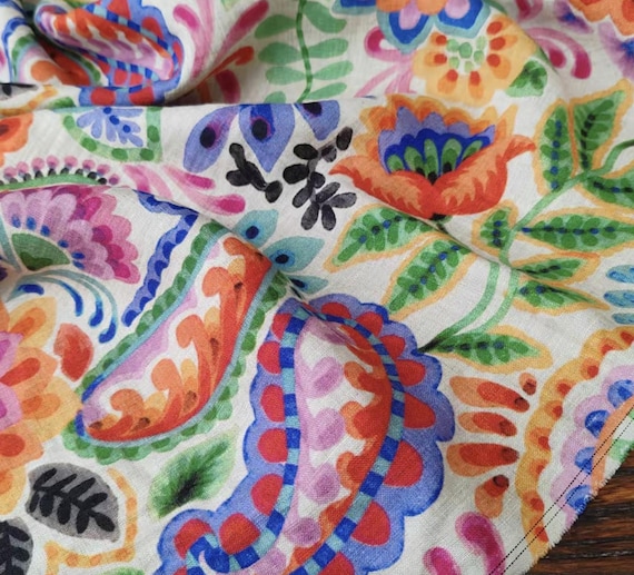 Print floral linen fabric by the yard