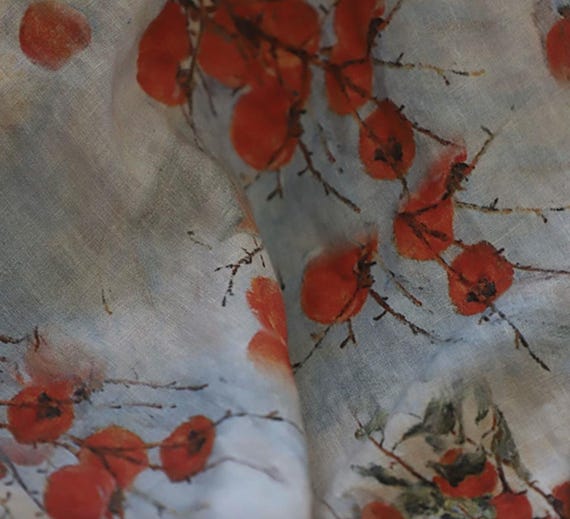 Print floral linen fabric by the yard
