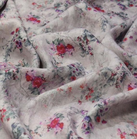 Print floral linen fabric by the yard