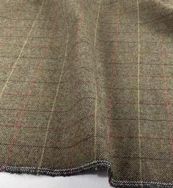 Plaid Herringbone Wool fabric by the yard