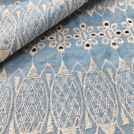 Denim Cotton Embroidery fabric, Flowers Embroidery Fabric, Cutout fabric Sold by Meter