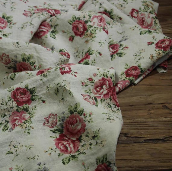 Print floral linen fabric by the yard