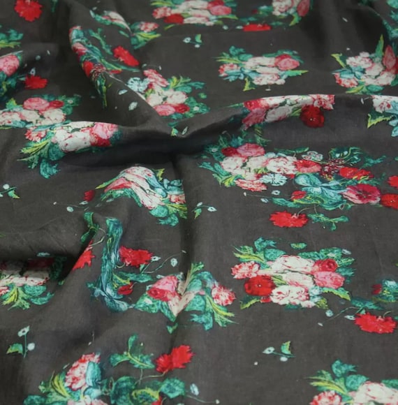 Print floral linen fabric by the yard