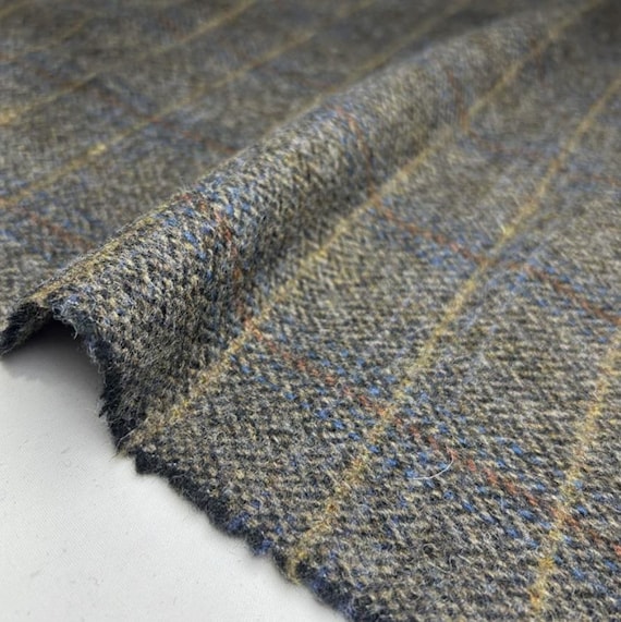 Plaid Herringbone Wool fabric by the yard