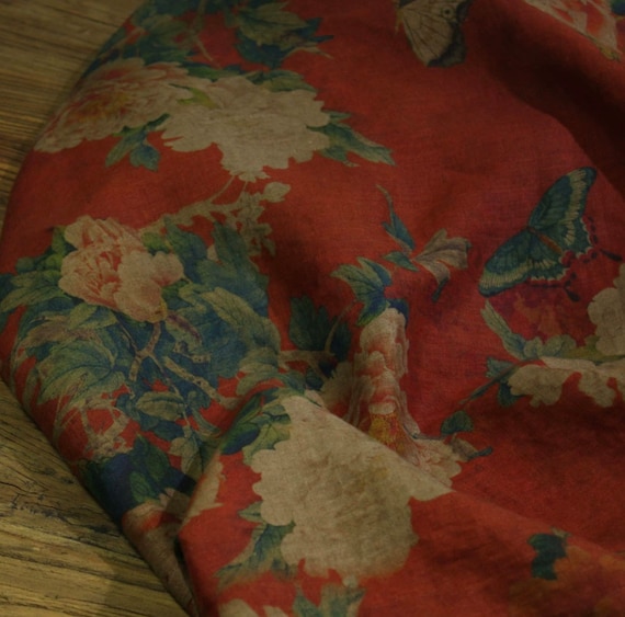 Print floral linen fabric by the yard