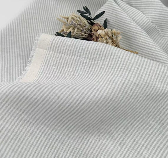 Pale Green Striped linen fabric by the yard