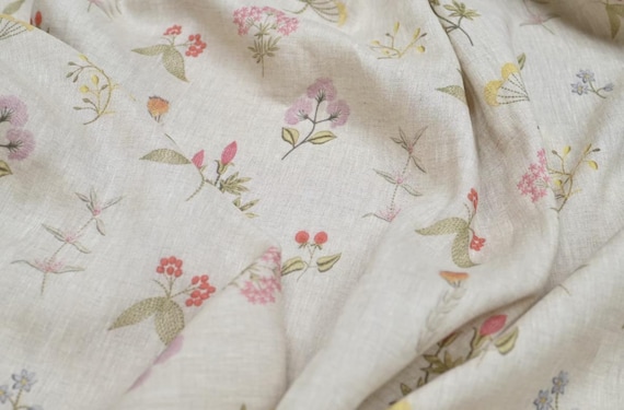 Print floral linen fabric by the yard