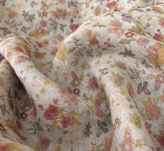 Print floral linen fabric by the yard