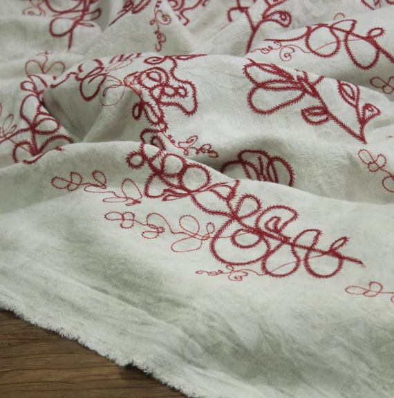 Embroidered linen fabric by the yard