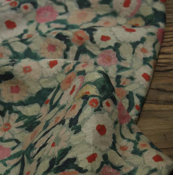 Print floral linen fabric by the yard