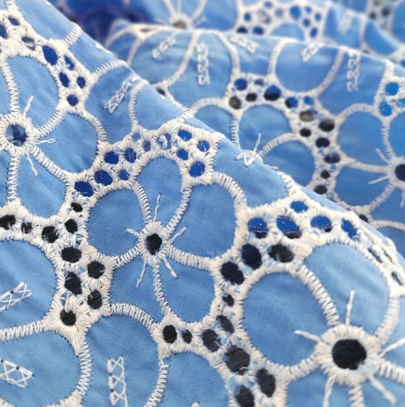 Blue Embroidery cotton fabric By the yard