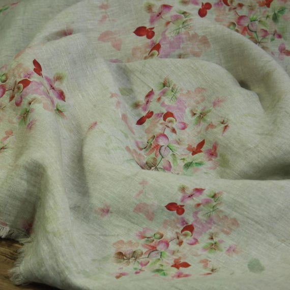 Print floral linen fabric by the yard