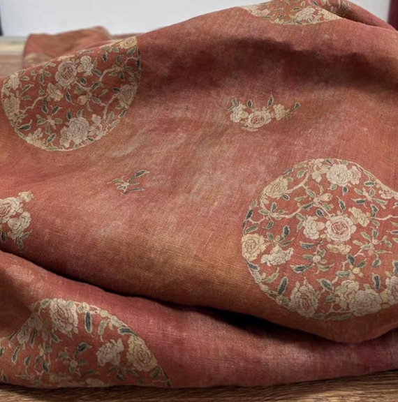 Print floral linen fabric by the yard