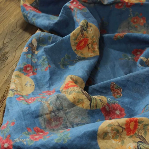 Print floral linen fabric by the yard