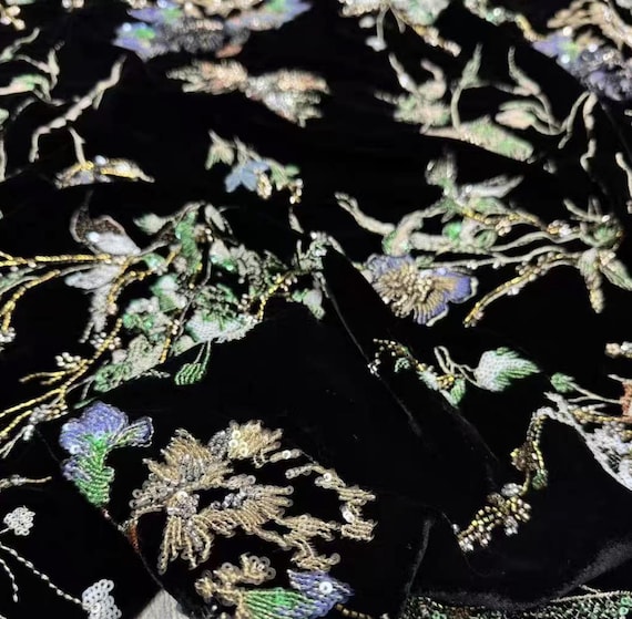 Sequin Beaded Embroidery velvet silk fabric by the yard