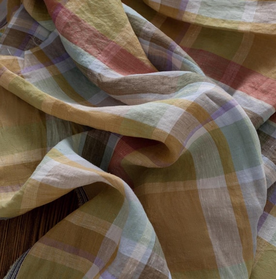 Plaid linen fabric by the yard