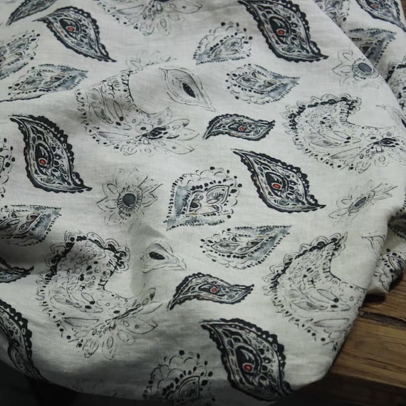 Print floral linen fabric by the yard