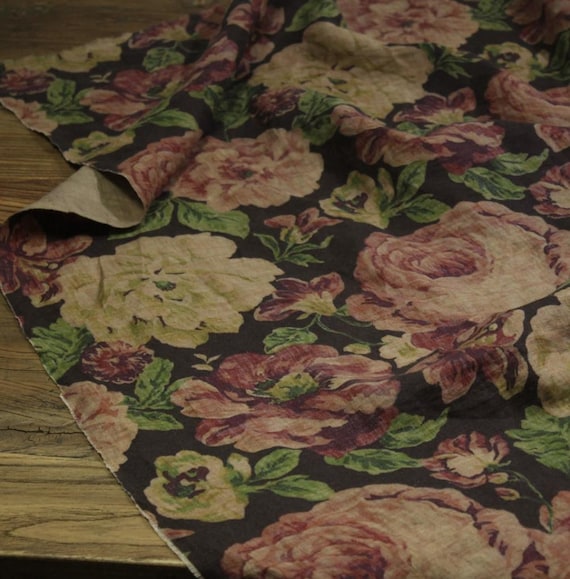 Print floral linen fabric by the yard