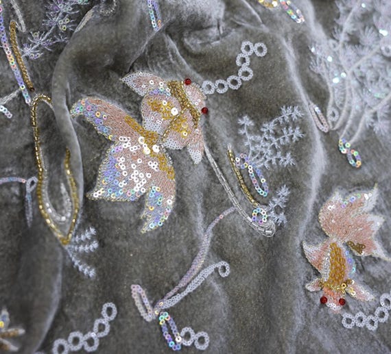 Beaded Embroidery Silk velvet fabric, Embroidered Fabric by the yard